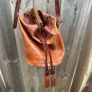 Vintage Handmade Leather Bucket Bag Brown Tassel Boho Chic Medium